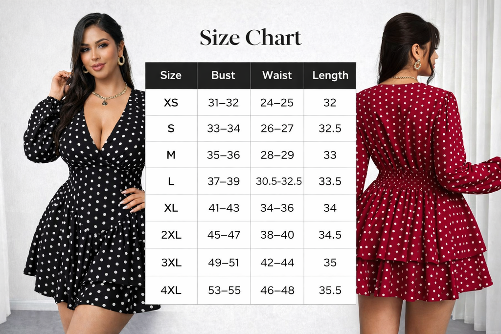 Elegant  Polka Dot V-Neck Ruffle Mini Dress for Women | Long Sleeve Fit & Flare Party Dress