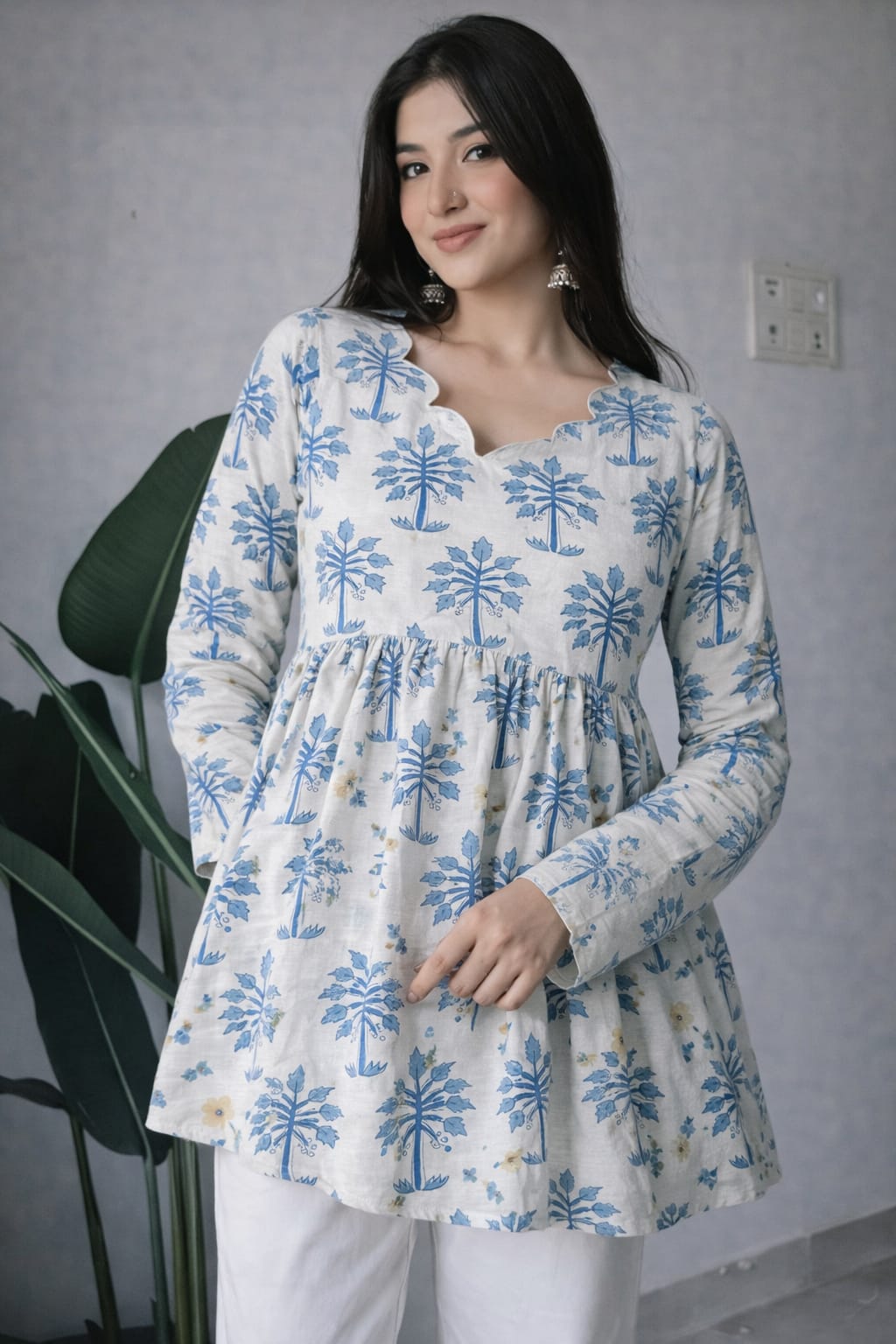 Women’s Blue Handblock Print Cotton Peplum Kurti Top