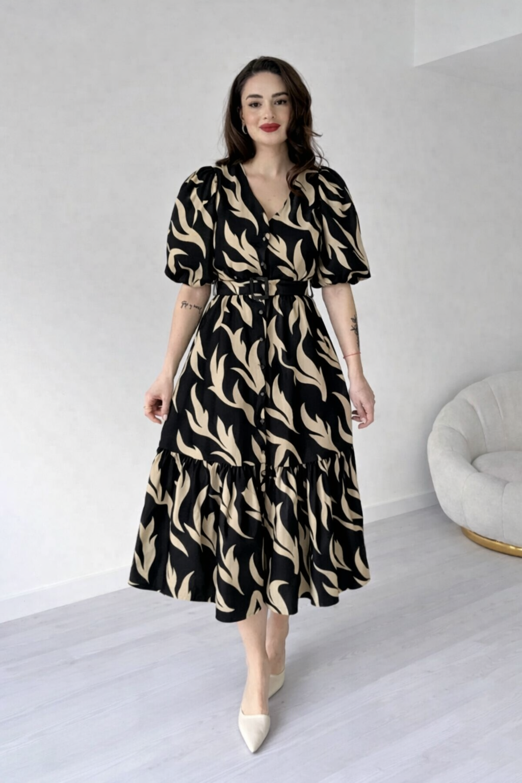 Women Black & Beige Abstract Printed Midi Dress with Belt