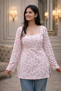 Blush Pink Floral Print Cotton Kurti Top