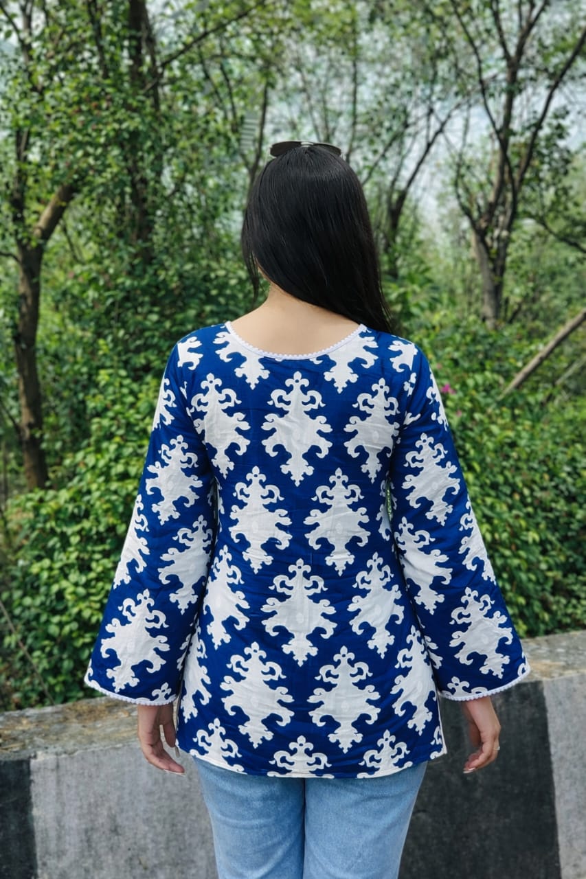 Blue & White Printed Straight Kurti