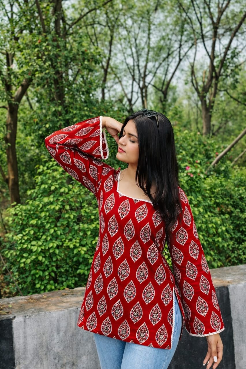 Red Ethnic Printed Straight Kurti with Square Neck