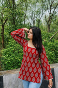 Red Ethnic Printed Straight Kurti with Square Neck