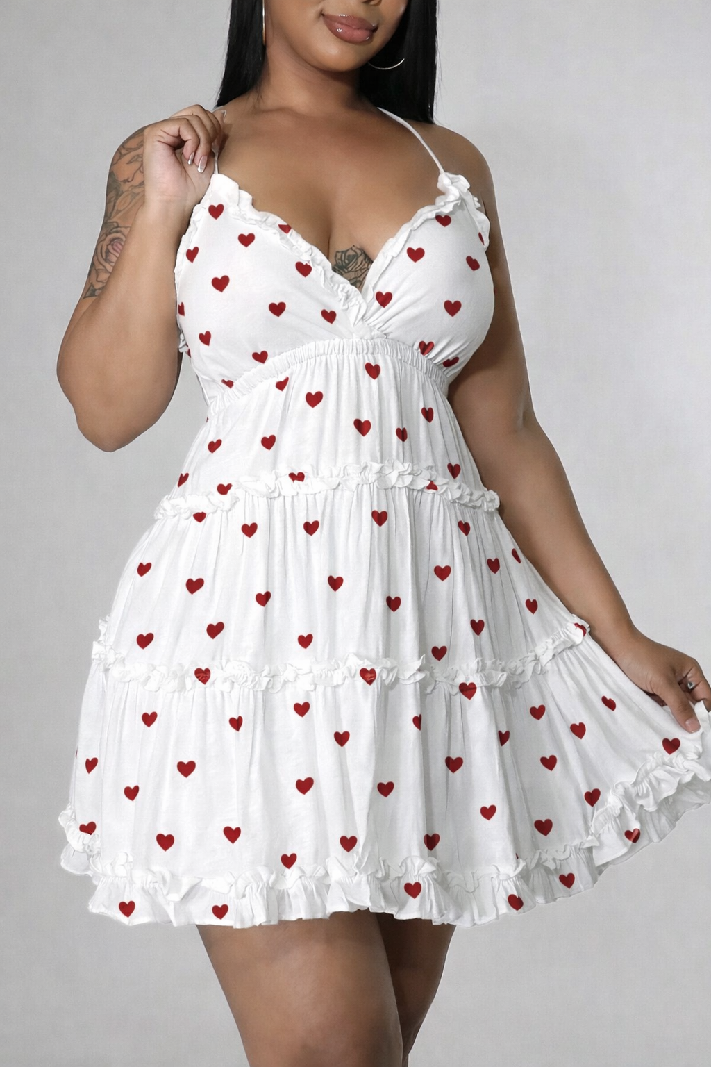 White Cotton Mini Dress with Red Heart Print