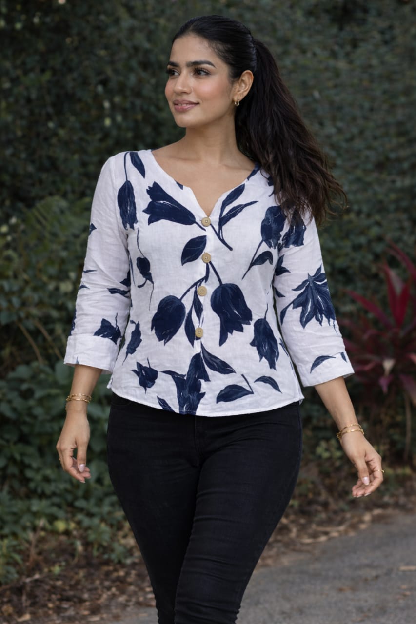 Elegant Floral Button-Down Linen Top for Women