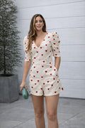 Puff Sleeve Playsuit for Women With Cream Heart Print