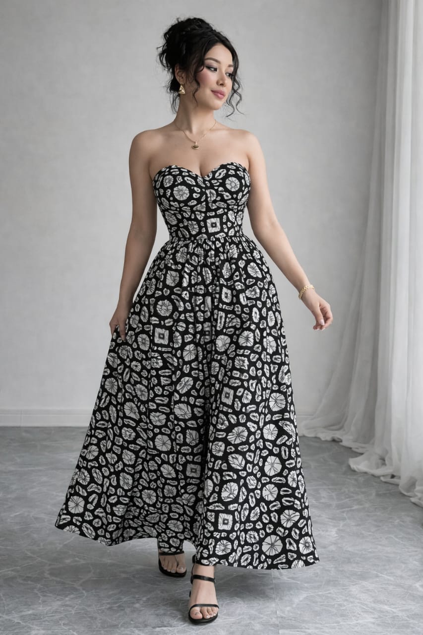 Black & White Printed Strapless Maxi Dress
