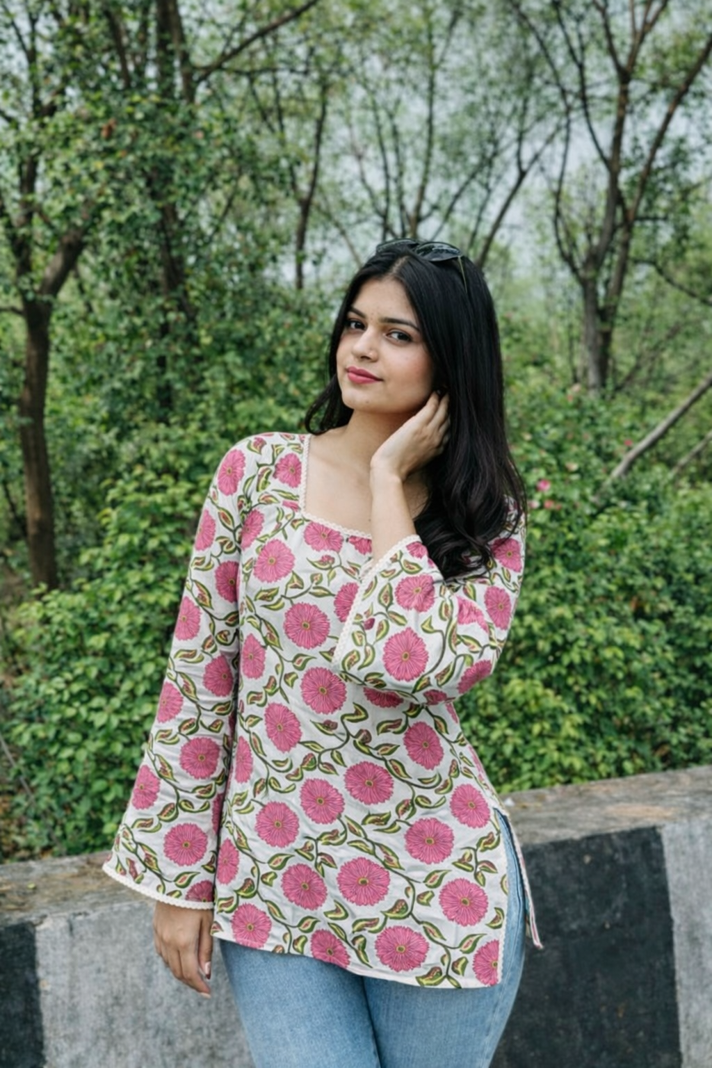 Women Floral Printed Cotton Short Kurti Top