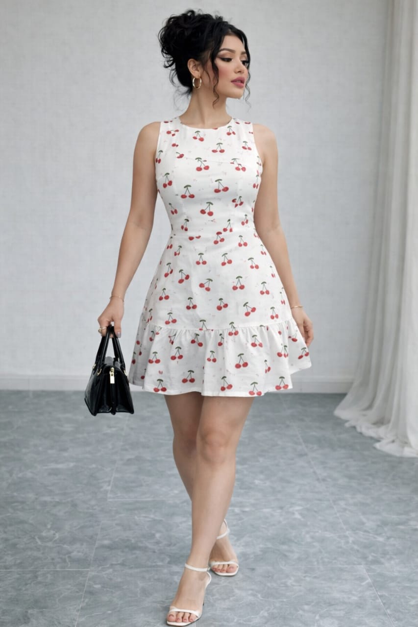 Women’s White Cherry Print Sleeveless Fit & Flare Dress