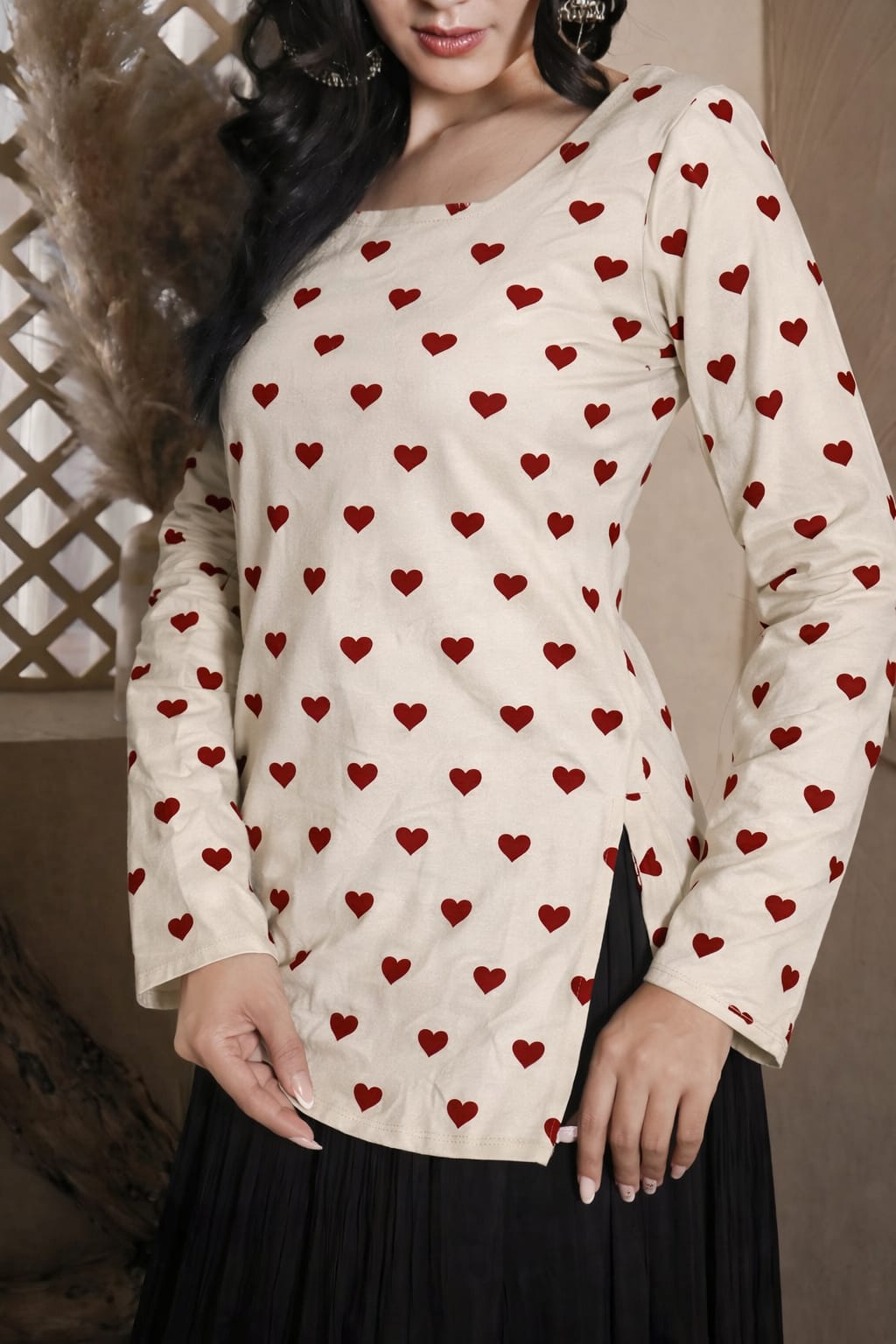 Romantic Heart Print Square Neck Kurti for Women