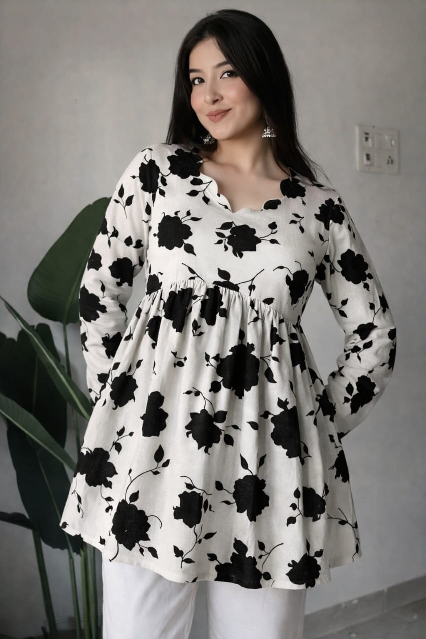 Elegant Black Floral Printed Empire Waist Kurti Top