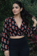 Women’s Black , Red Floral Printed Wrap Crop Top