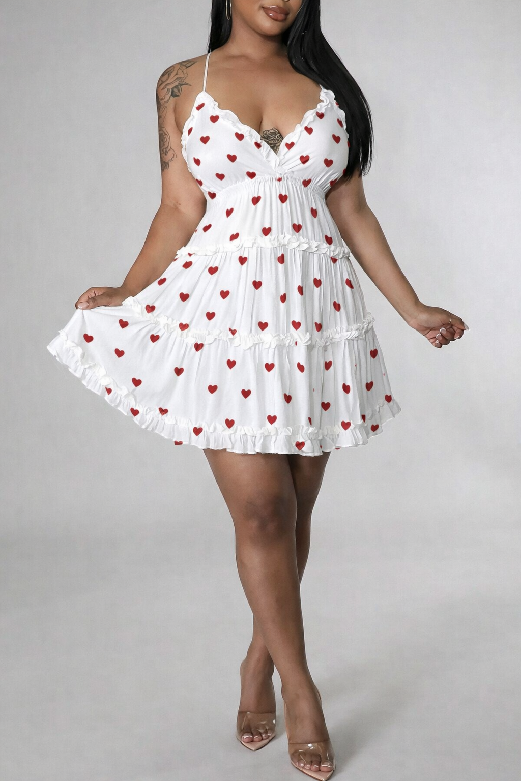 White Cotton Mini Dress with Red Heart Print