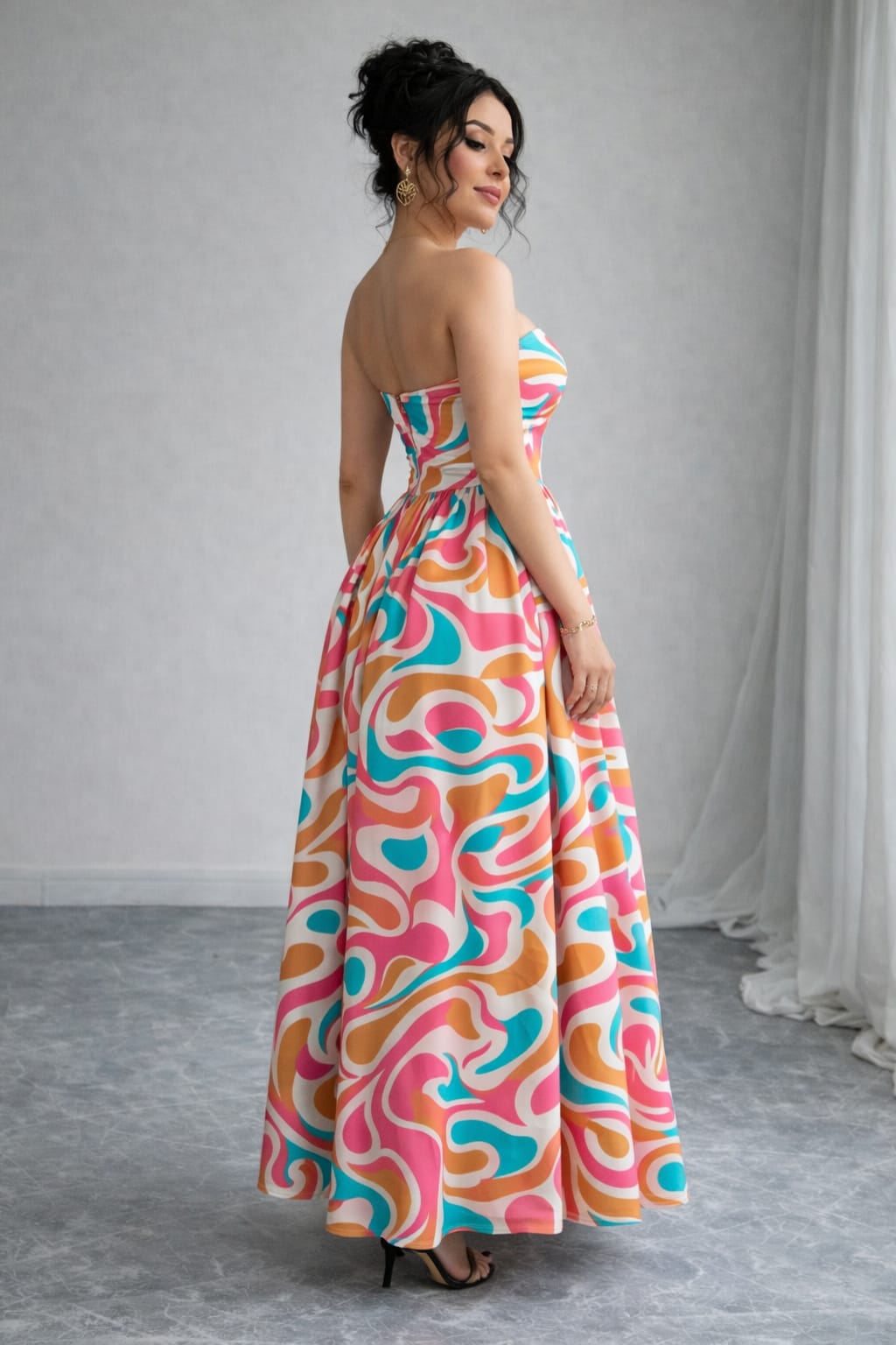 Multicolor Printed Strapless Maxi Dress