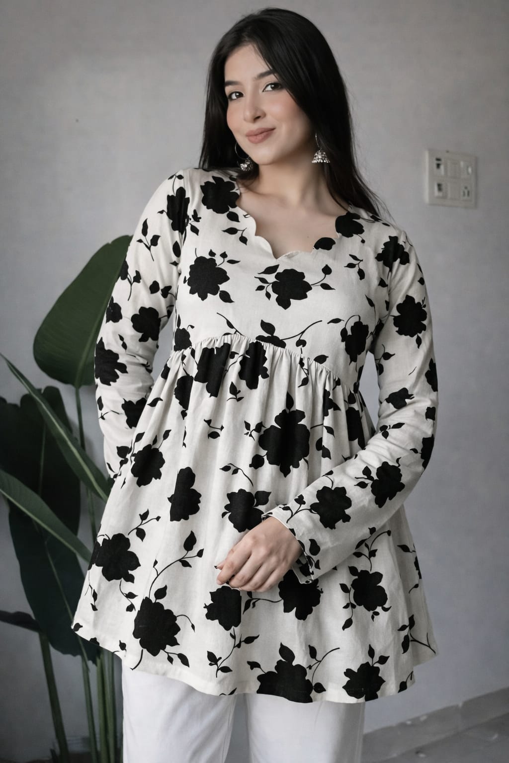Elegant Black Floral Printed Empire Waist Kurti Top