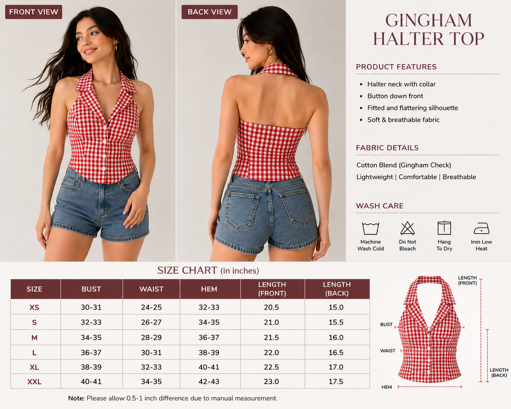 Red & White Gingham Halter Neck Button-Down Top