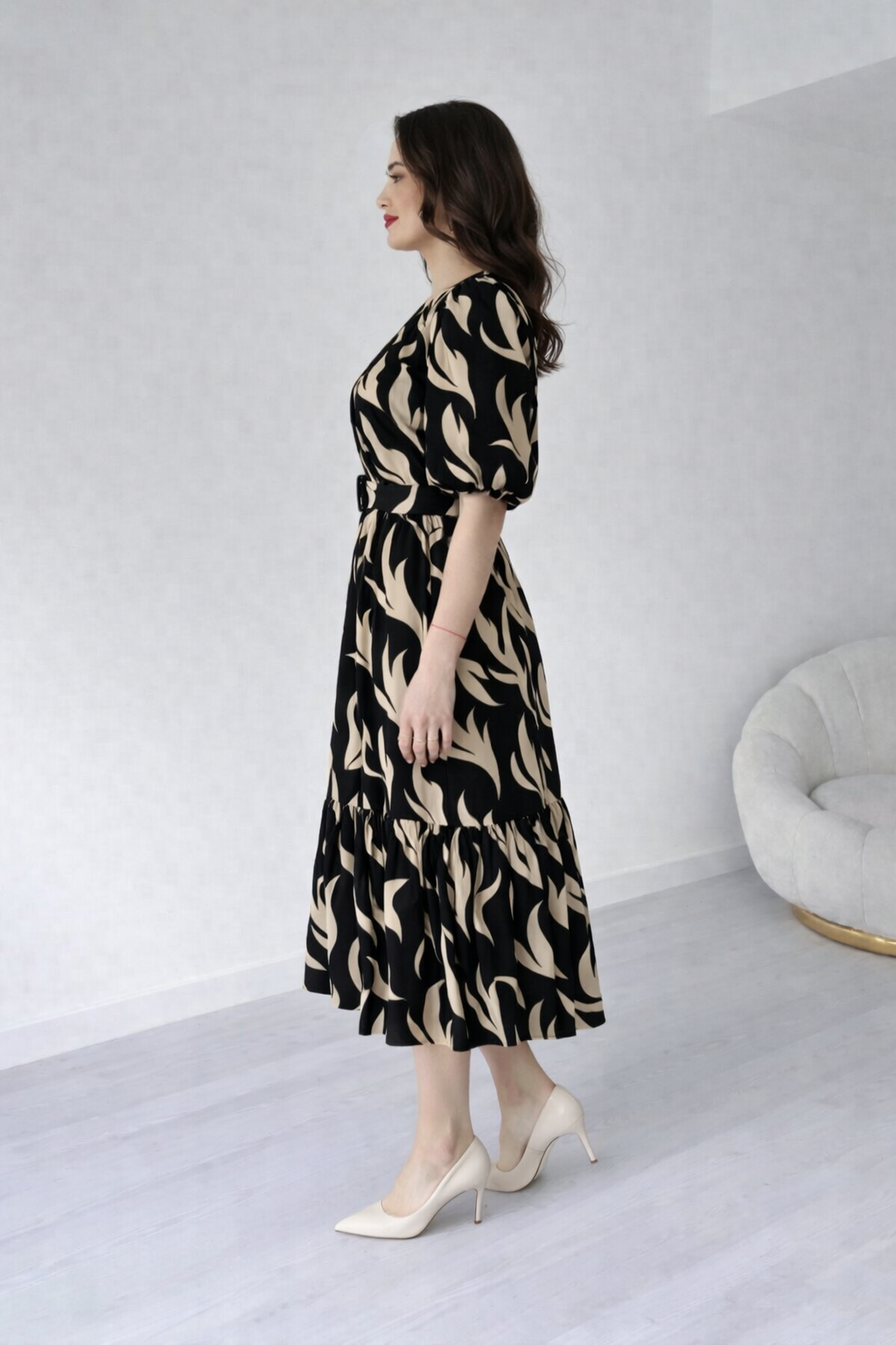 Women Black & Beige Abstract Printed Midi Dress with Belt