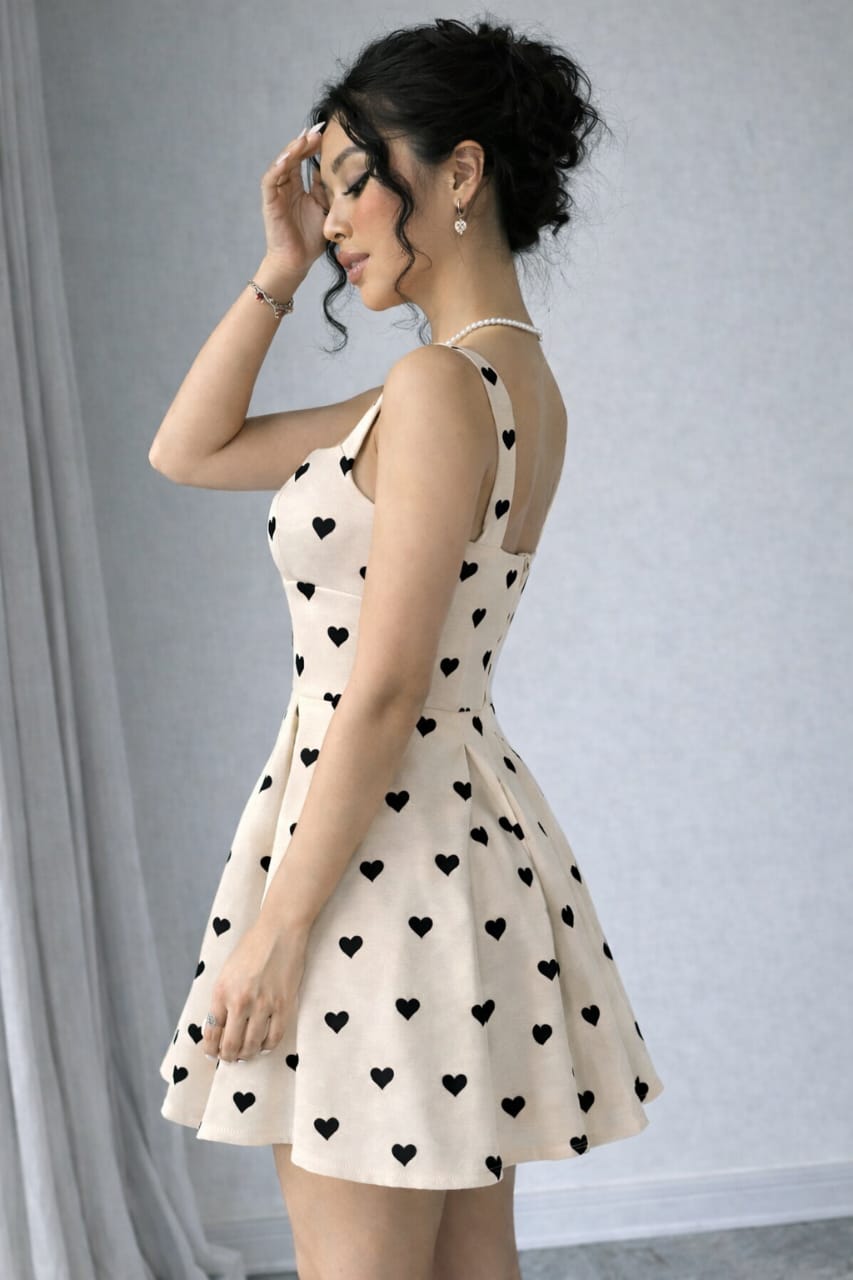 Cream Heart Print Fit & Flare Dress for Women