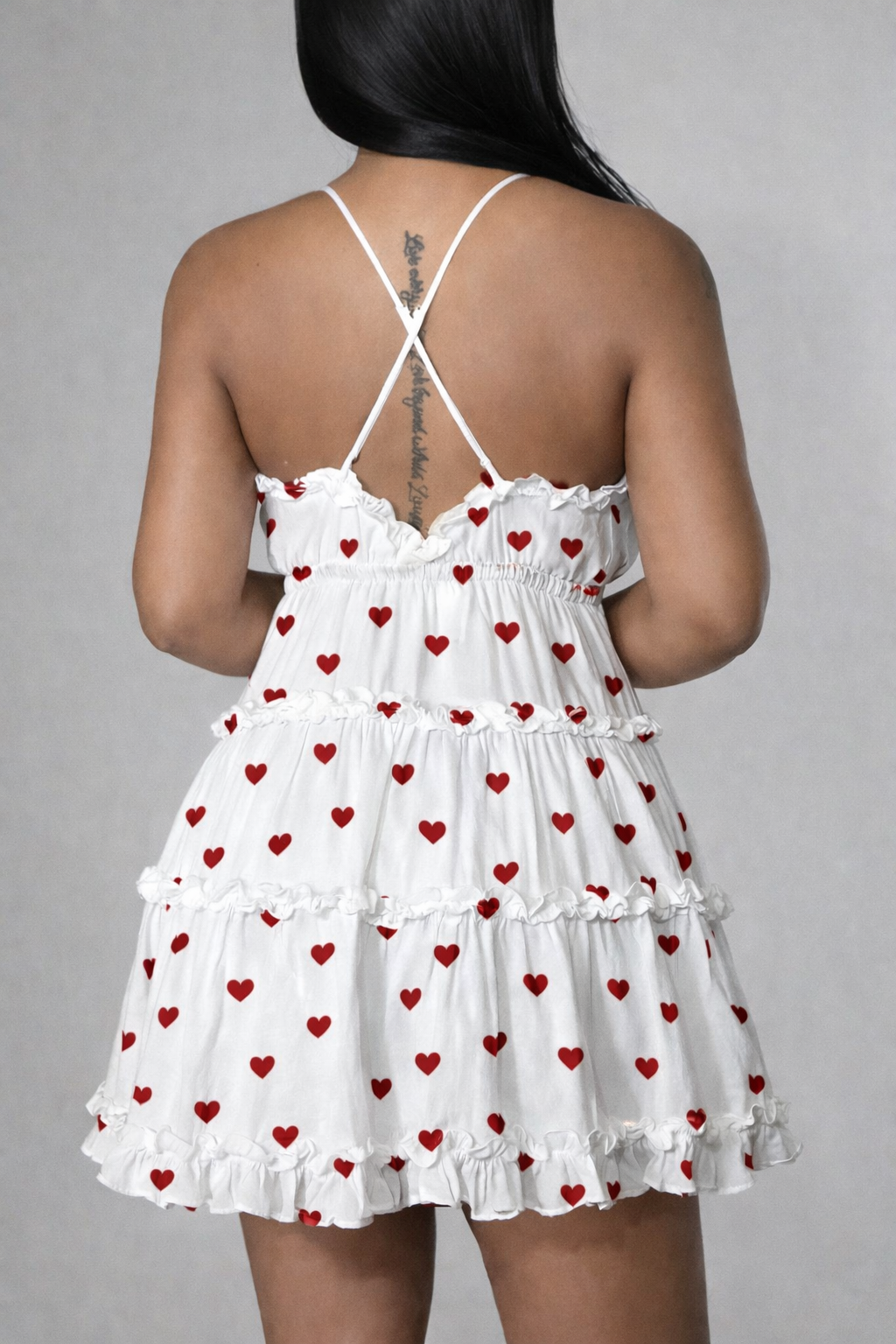 White Cotton Mini Dress with Red Heart Print