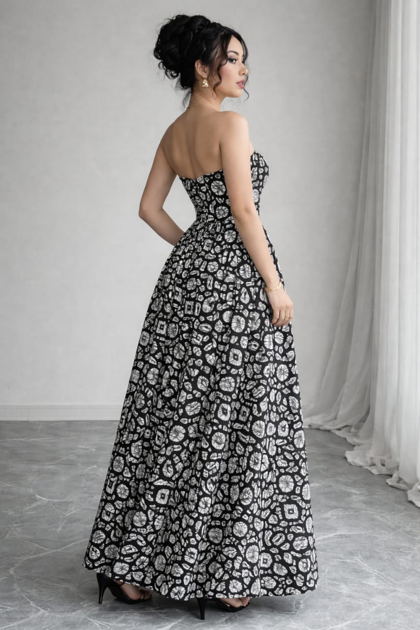 Black & White Printed Strapless Maxi Dress