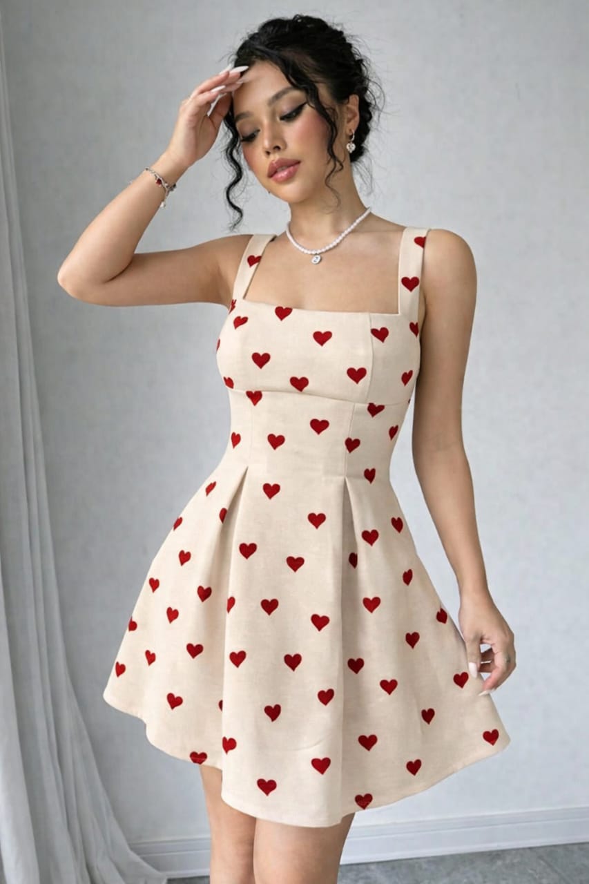 Cream Heart Print Fit & Flare Dress for Women