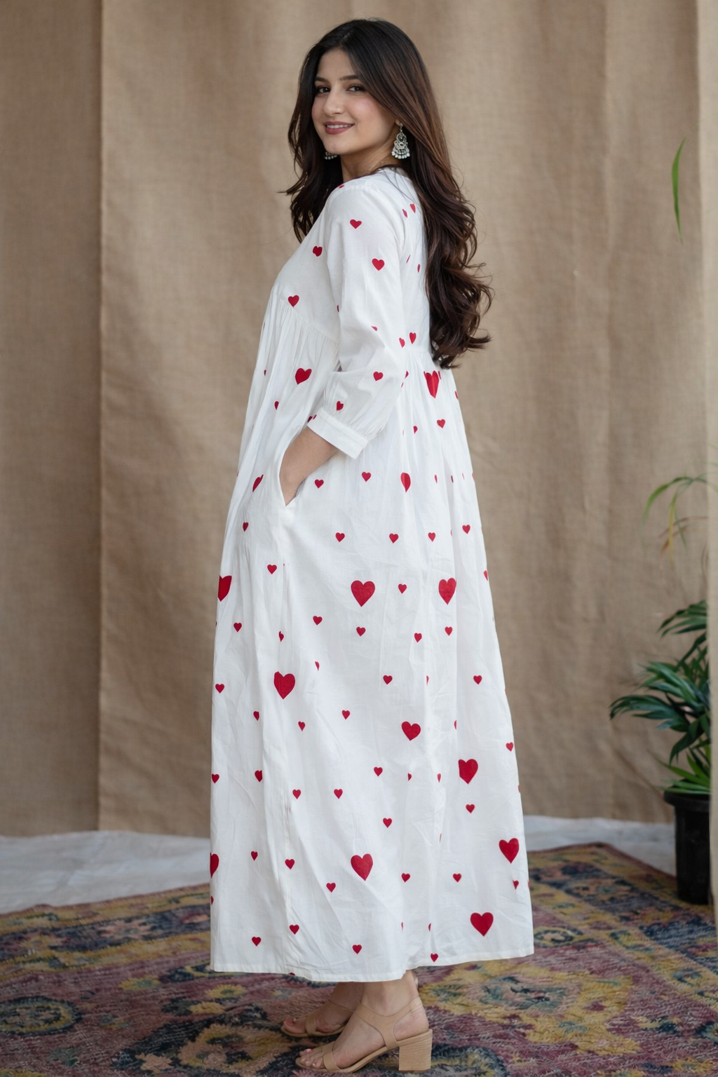 Stylish Heart Print Flared Maxi Dress for Women