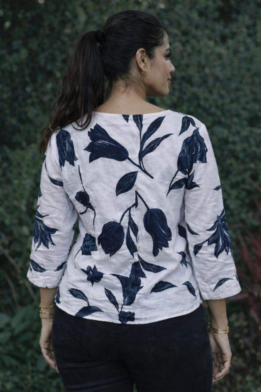 Elegant Floral Button-Down Linen Top for Women