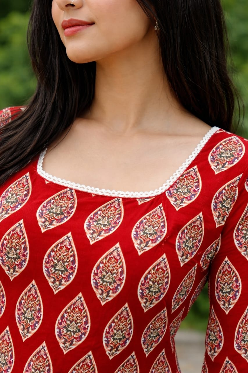 Red Ethnic Printed Straight Kurti with Square Neck