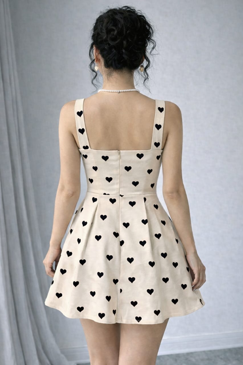 Cream Heart Print Fit & Flare Dress for Women