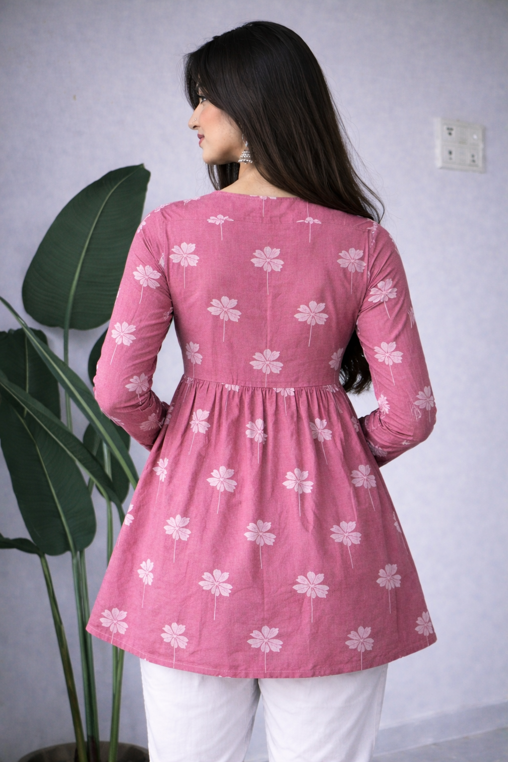 Women’s Pink Floral Printed Cotton Tunic Top | Long Sleeve Stylish Kurti
