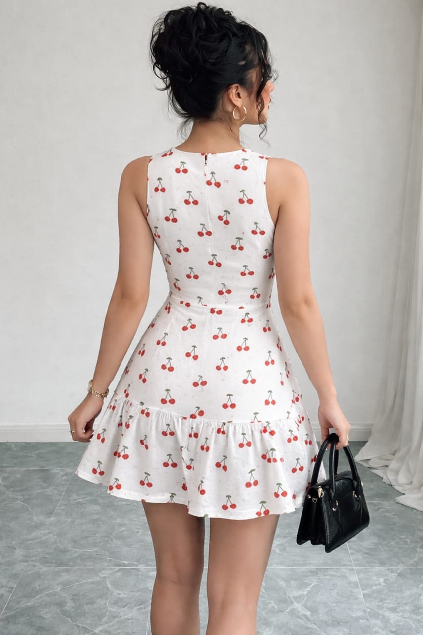 Women’s White Cherry Print Sleeveless Fit & Flare Dress