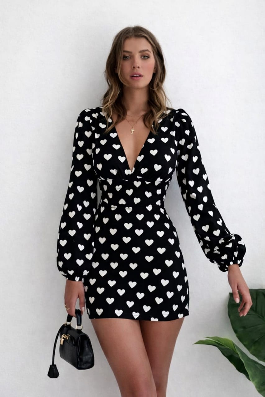 Black Heart Print Bodycon Mini Dress
