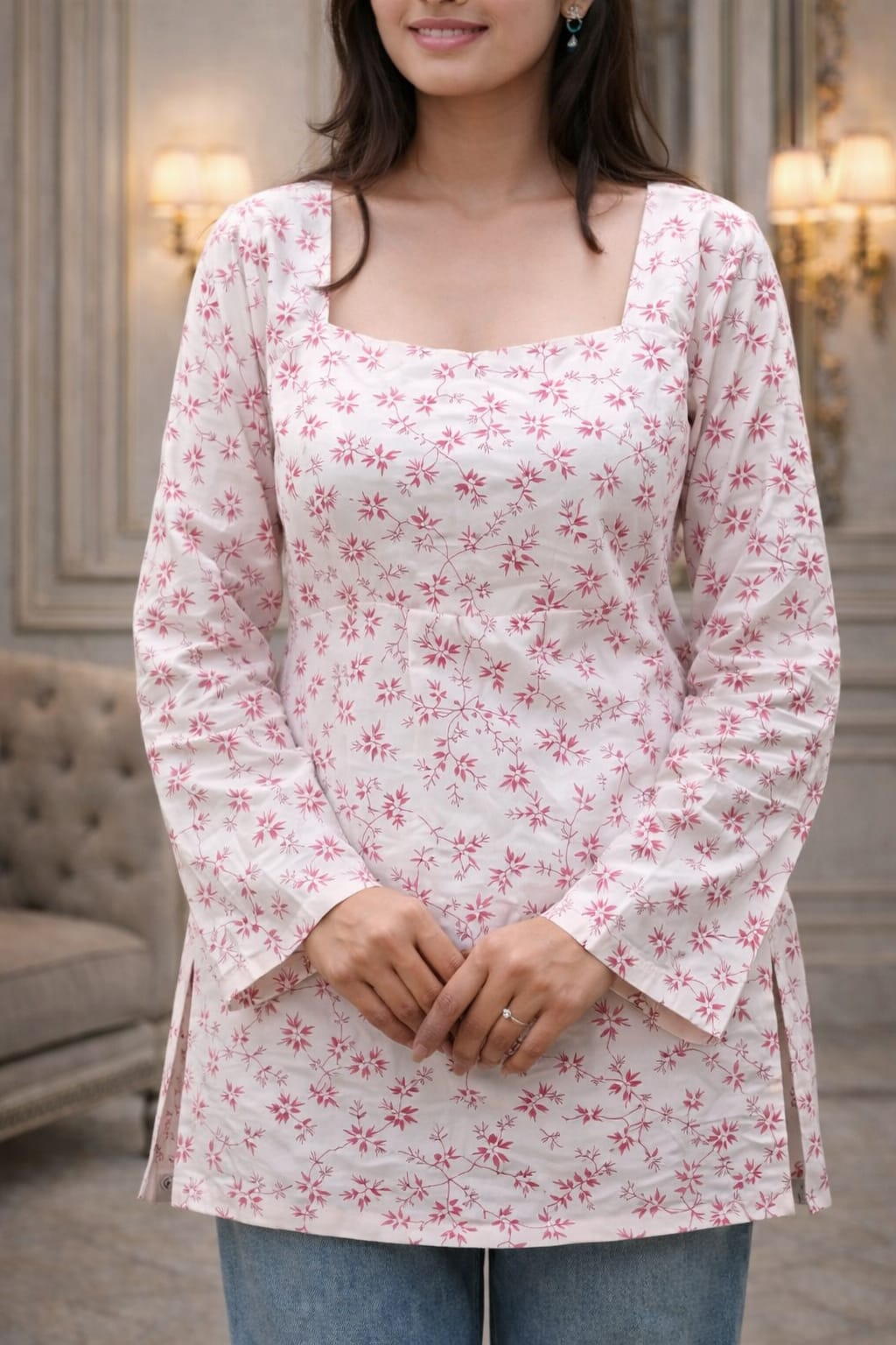 Blush Pink Floral Print Cotton Kurti Top