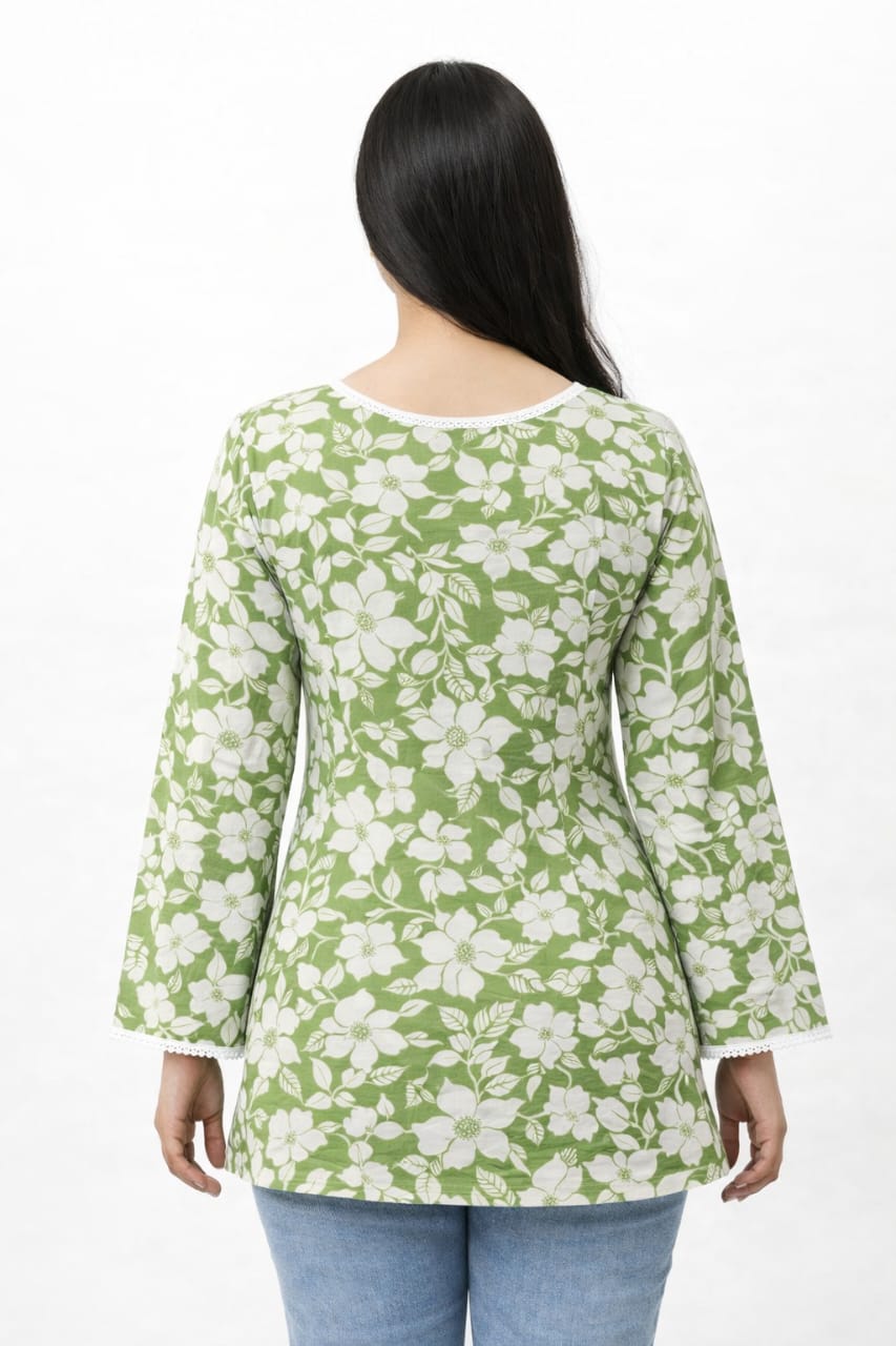 Women Green Floral Printed Cotton Short Kurti Top