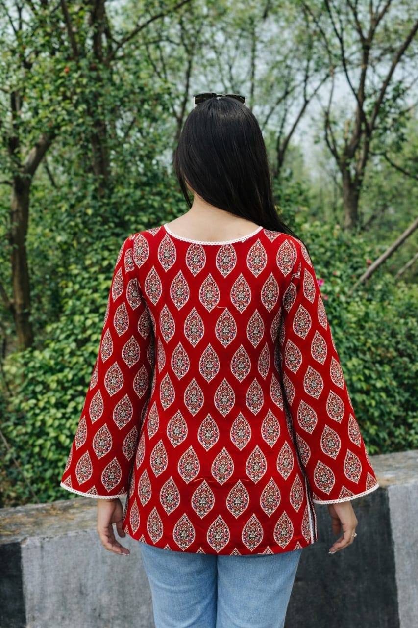 Red Ethnic Printed Straight Kurti with Square Neck