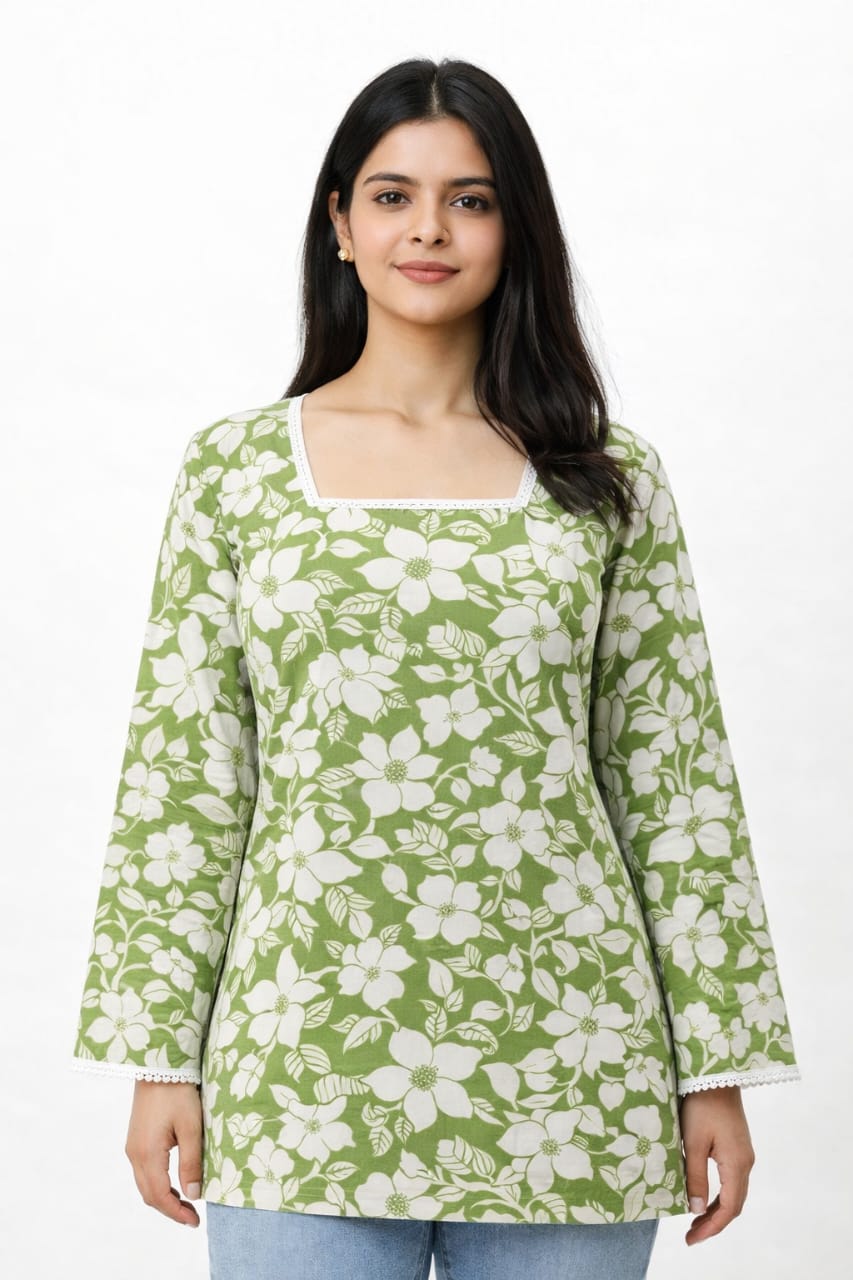Women Green Floral Printed Cotton Short Kurti Top