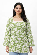 Women Green Floral Printed Cotton Short Kurti Top