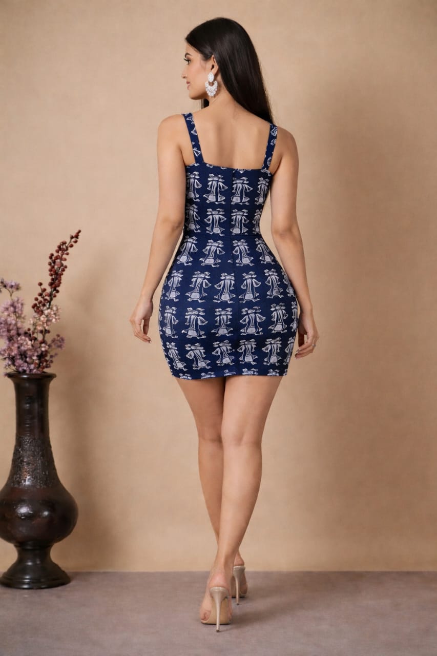 Blue Printed Zip-Front Bodycon Mini Dress for Women