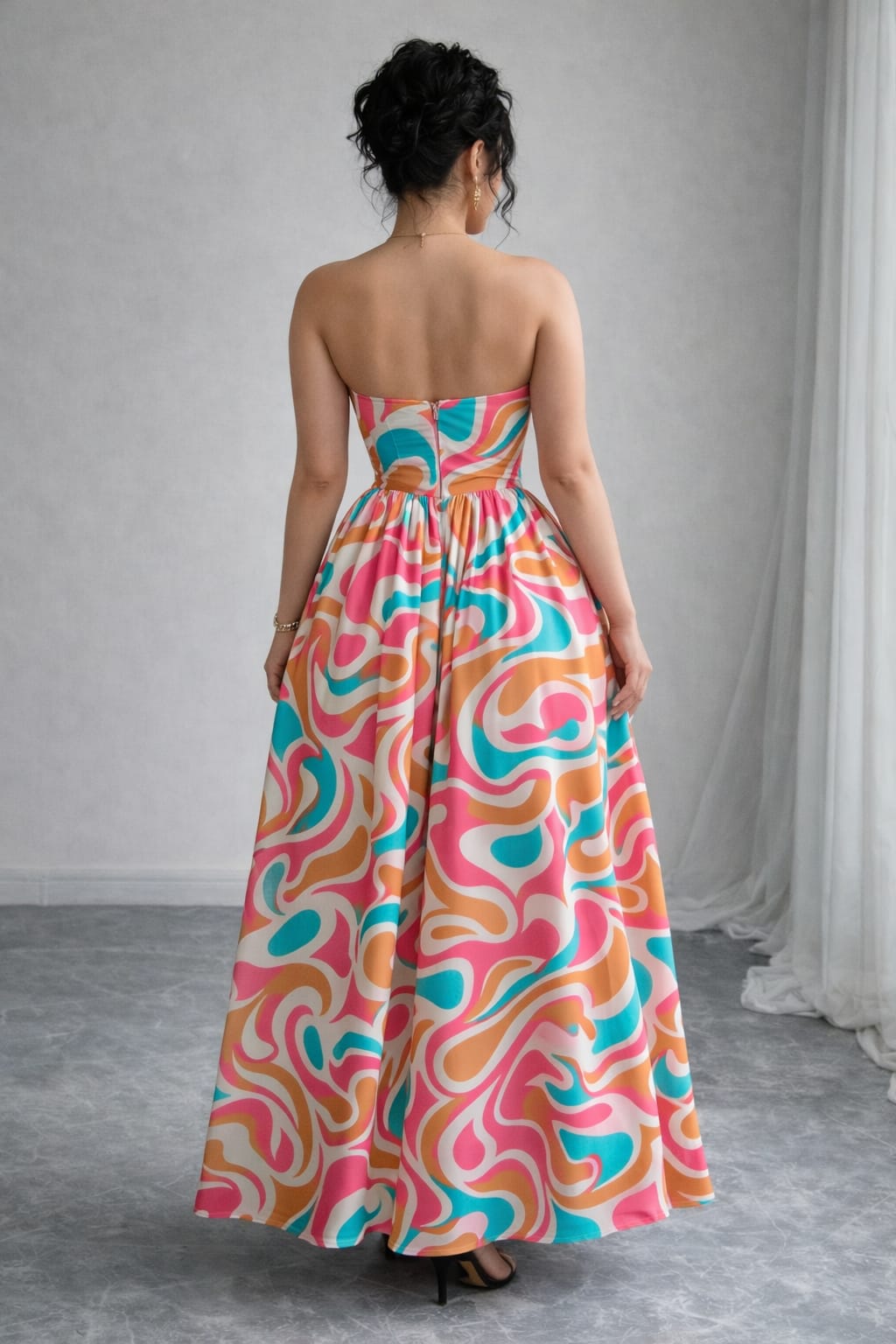 Multicolor Printed Strapless Maxi Dress