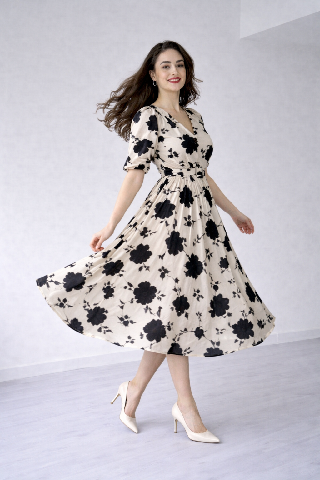 Women’s Cream & Black Floral Printed Midi Dress with Waist Belt
