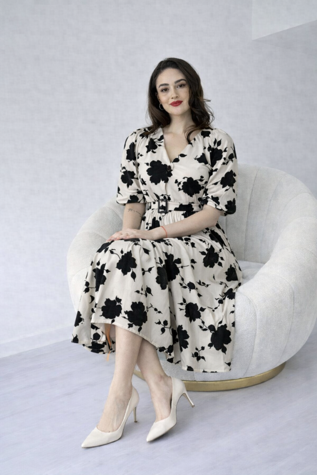 Women’s Cream & Black Floral Printed Midi Dress with Waist Belt