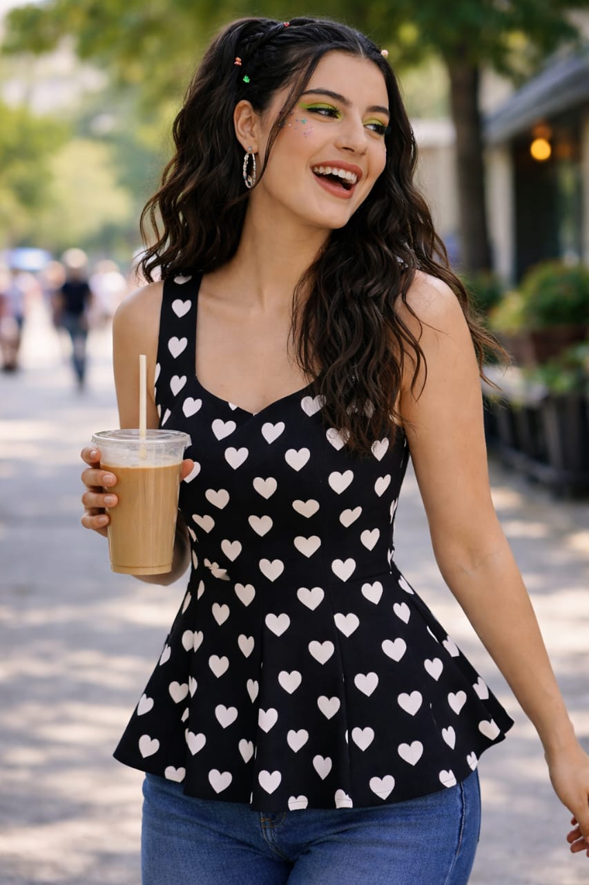 Heart Print Peplum Top for Women