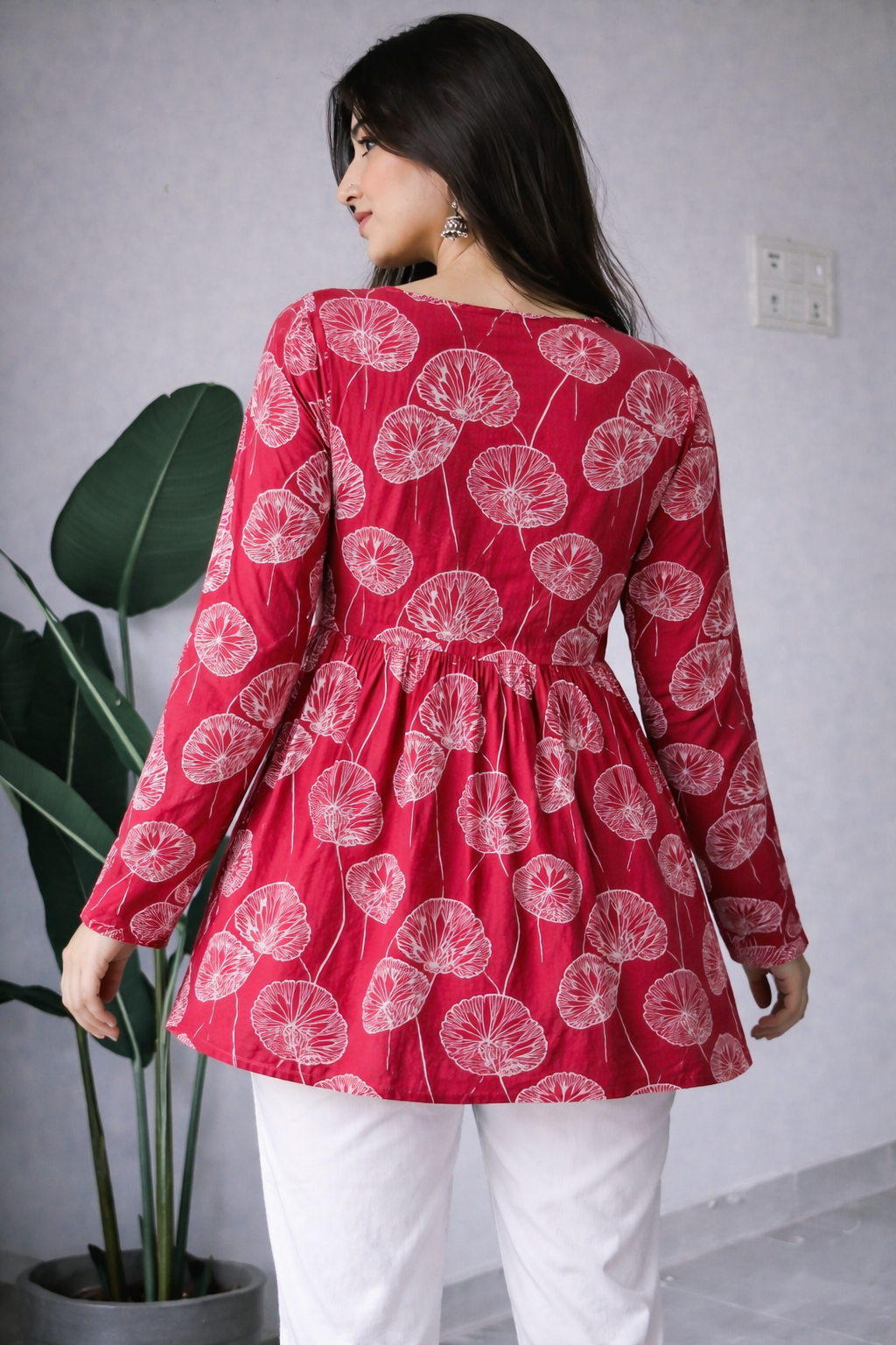 Women Red Floral Printed Cotton Tunic Top
