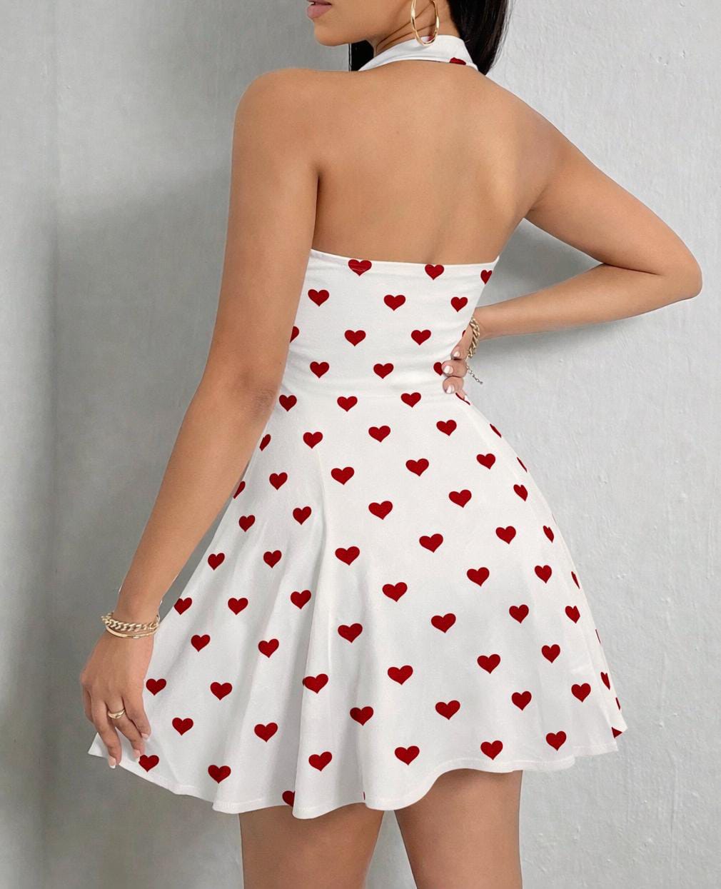 Heart Print Halter Neck Skater Dress
