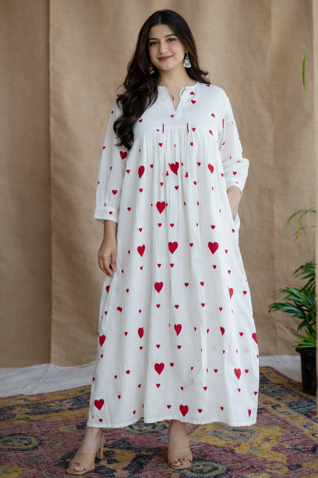 Stylish Heart Print Flared Maxi Dress for Women