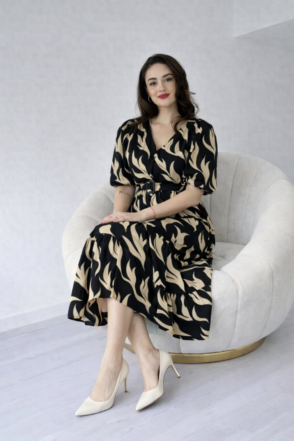 Women Black & Beige Abstract Printed Midi Dress with Belt