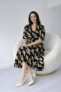 Women Black & Beige Abstract Printed Midi Dress with Belt