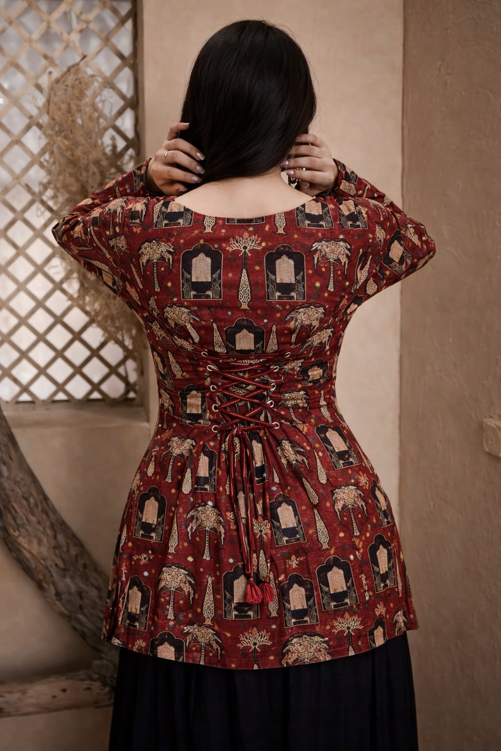 Maroon Heritage Print Lace-Up Back Cotton Kurti Top