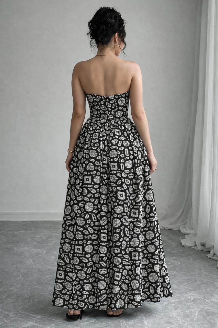 Black & White Printed Strapless Maxi Dress
