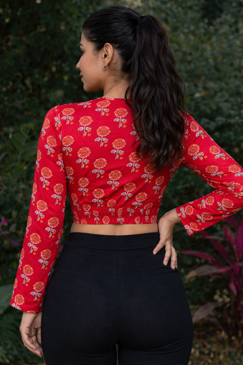 Women’s Black , Red Floral Printed Wrap Crop Top